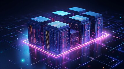 Wall Mural - An isometric view showcases a server room and big data processing concept, featuring a datacenter and digital information technology against a neon dark gradient background.