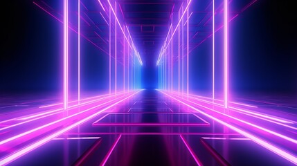 Wall Mural - Another 3D render showcases a pink-blue neon abstract background with glowing panels illuminated by ultraviolet light, representing futuristic power-generating technology.