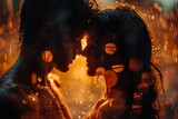 Fototapeta  - An evocative image of a couple in a close embrace, surrounded by golden bokeh lights creating a romantic atmosphere