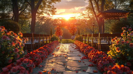 Wall Mural - Beautiful Wedding ceremony event in garden at sunset.