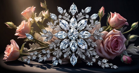  A stunning arrangement of crystal flowers and leaves, brightly lit to highlight their intricate details and brilliant facets. The dark background emphasizes the radiant glow of the crystals.