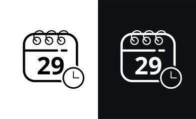 Simple flat calendar icons with specific day marked, hollow calendar icon on black background and white background, day 29.