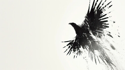 silhouette of a flying black raven drawn with paints on a light background, business card, copy spac