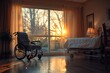 Cozy bedroom warmly lit by sunset with empty wheelchair conveying a mix of hope and melancholy