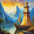 This vivid painting captures a grand sailing vessel navigating freely across tranquil waters