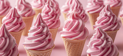 Wall Mural - Pink strawberry ice creams in a cone pattern on a pastel light pink background. Summer refreshing concept banner. Delicious commercial background.