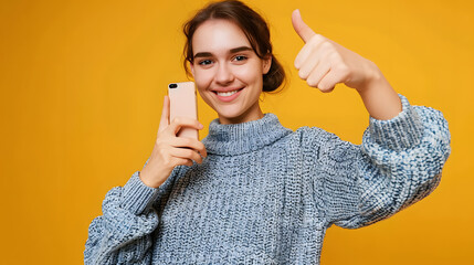 Close up young woman she wear grey knitted sweater shirt casual clothes doing selfie shot pov on mobile cell phone show thumb up isolated on plain yellow background studio portrait. Lifestyle concept