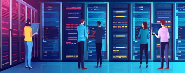 A group of people are standing in front of a row of computer servers. Vector illustration