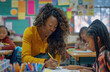 © Kien - A black female teacher in her late thirties is helping a girl with long hair write on paper at desks, surrounded by other students sitting behind their desks in a classroom with a colorful back