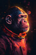 Schimpanse, Pop-Art eines imaginären Astronauten-Schimpansen, der die Sterne betrachtet, schwarzer Hintergrund