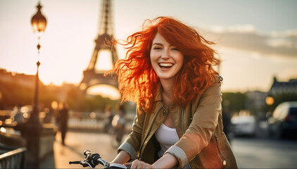 Wall Mural - Cheerful Happy young woman with red hair riding bicycle in Paris