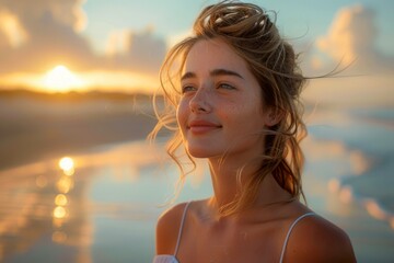 Wall Mural - Serene Young Woman Enjoying Golden Hour Sunset at Beach, Portrait of Smiling Female with Freckles, Peaceful Summer Evening by the Sea
