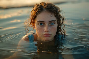Wall Mural - Young Woman with Freckles Swimming in the Ocean at Sunset, Portrait with Golden Hour Lighting