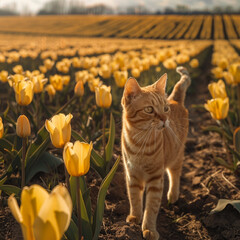Wall Mural - red domestic cat walks through a field with yellow tulips