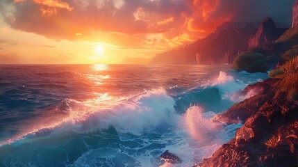 Wall Mural - The fiery glow of the setting sun reflects on the ocean waves as they crash against the rocky shore, highlighting the dramatic coastline.