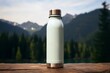 white reusable water bottle mock up with black lid for hiking in the mountains. Reducing plastic waste eco concept.