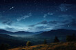 Starry night sky over a serene landscape with visible meteor shower. Stars illuminating the vast night sky create a sense of wonder and the beauty of the cosmos.