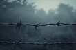 Barbed wire with blurred background, Close-up sharp details of wires metallic texture