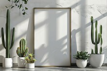 Rectangular Vertical Frame Mockup In A Scandi Style Interior, Adorned With Green Succulents And Cacti On A Floor, Set Against An Empty Neutral White Wall With Peeling Paint