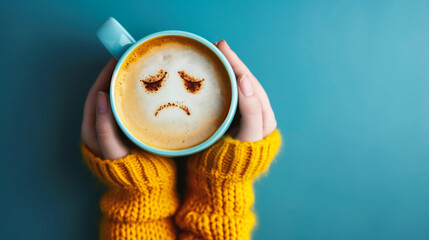 woman holding a cup of coffee with a sad face on it