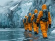 Tourists wearing thermal protective suits to visit rapidly melting tourist spots, like glaciers.