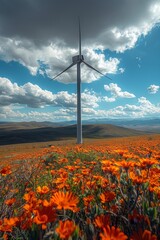 Wind turbines generate alternative energy in a picturesque rural setting at sunset.