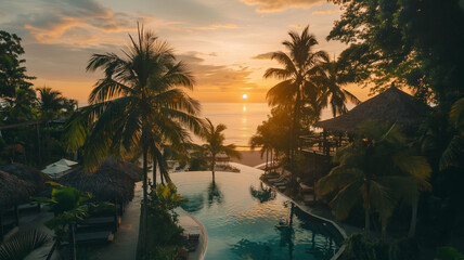 Wall Mural - Tropical island with bungalows and palm trees at sunset