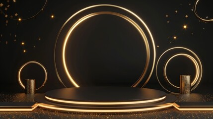 Wall Mural - Podium and gold line circle frame elements with glitter light effects decorations. Luxury background.