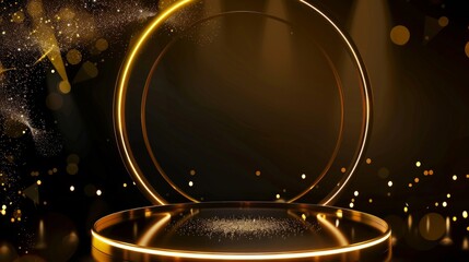 Wall Mural - Podium and gold line circle frame elements with glitter light effects decorations. Luxury background.