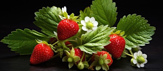 Poster - Vibrant and Fresh Strawberries with a Blossoming Flower in Lush Nature Setting