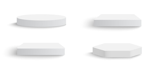 Set of white matte 3D background podiums. Studio showroom pedestal, showcase mockup stage. 3d vector podium for product presentation.