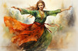 attractive woman dancing in traditional nowruz attire, watercolor illustration