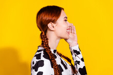 Photo Of Adorable Excited Woman Wear Cow Skin Top Shouting Announcement Empty Space Isolated Yellow Color Background