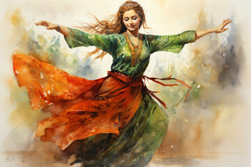 attractive woman dancing in traditional nowruz attire, watercolor illustration