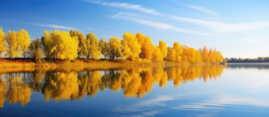 Wall Mural - Tranquil Reflections of Nature: Serene Lake Surrounded by Lush Greenery Under a Blue Sky