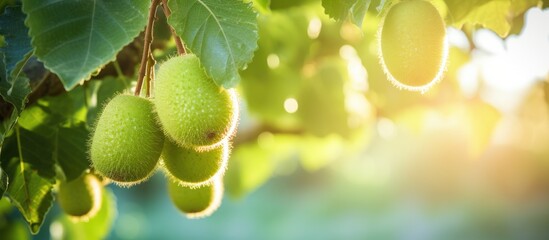 Sticker - Fresh Green Kiwi Fruits Hanging From Lush Tree in a Natural Orchard Garden