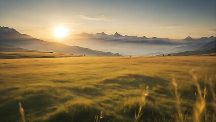 Wall Mural - Sunrise in the mountains, summer meadow grass, nature landscape photo background