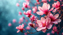 Beautiful Pink Magnolia Flowers On Blue Bokeh Background.