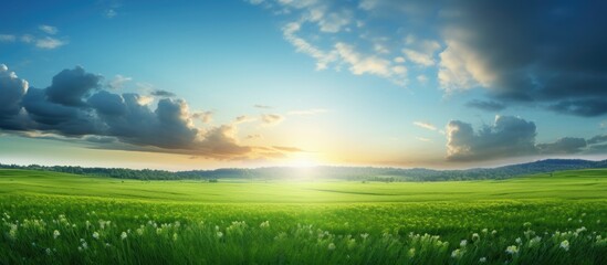 Sticker - Serene Natural Landscape with Lush Field of Vibrant Green Grass under Clear Blue Sky