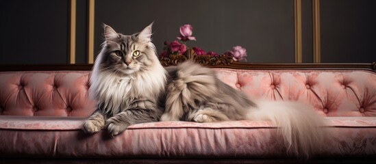 Poster - Adorable Feline Resting Serenely on a Soft Pink Sofa in a Cozy Living Room Setting