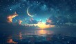 the beautiful view of the moon and stars in the sky reflected in the beautiful sea, the beauty of Ramadan shines through.
