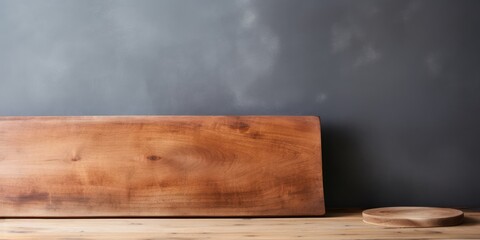 Wall Mural - Food recipe concept with pizza or bread cutting board on wooden table near grey wall. Copy space available. Front view with wood background texture.