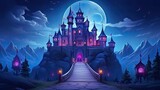 princess castle in fairytale landscape at night.
