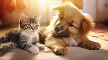 Cute Kitten And Puppy Sitting Next To Each Other In The Sunlight. Photo