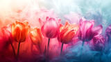 Fototapeta Tulipany - spring banner, background for postcards made of tulips made in painting style for sale booklets