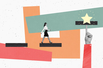 Wall Mural - photo creative collage picture businesswoman walk towards star target goal achievement pointing fing