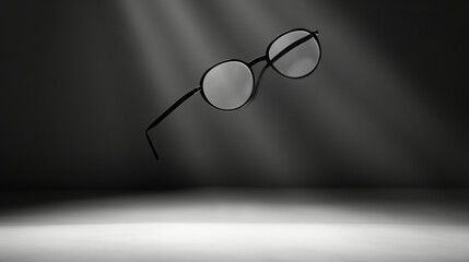 Round glasses in a dark setting with light rays creating a mystical aura. Eye health concept.