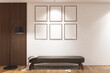 © asesidea - Modern simple  foyer room with bench & frame mock up on the wall. Design 3d rendering of white and wood panel. Design print for illustration, presentation, mock up, interior, zoom, background. Set 4