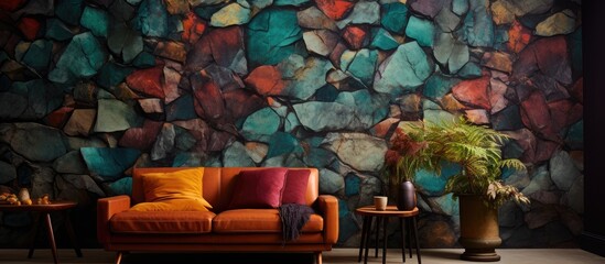 Sticker - Vividly colored wallpaper featuring a striking stone wall pattern