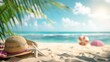 Tropical beach background with sunbathing accessories on a sunny summer day.